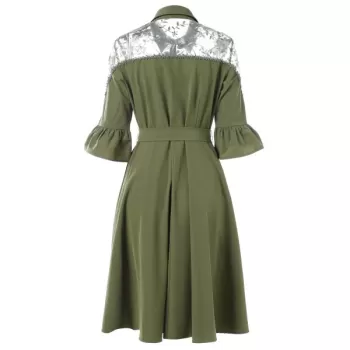 Flare Sleeve Lace Panel Belted Dress - Fern Green