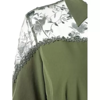 Flare Sleeve Lace Panel Belted Dress - Fern Green