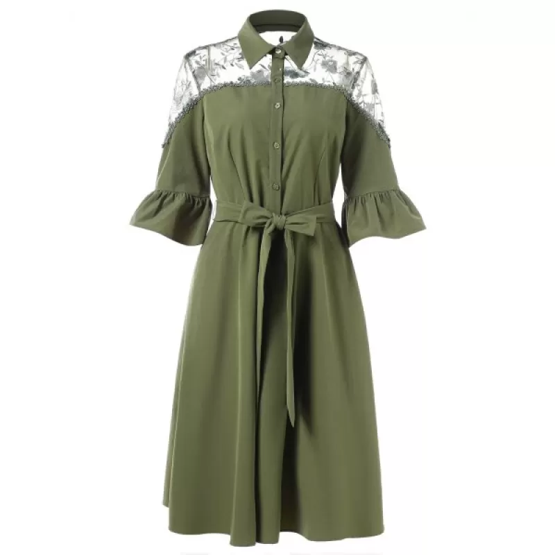 Flare Sleeve Lace Panel Belted Dress - Fern Green