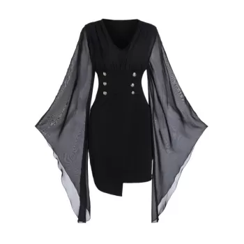 Flare Sleeve Solid Button Bodycon Dress - Black