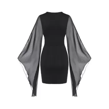 Flare Sleeve Solid Button Bodycon Dress - Black