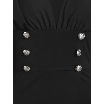 Flare Sleeve Solid Button Bodycon Dress - Black