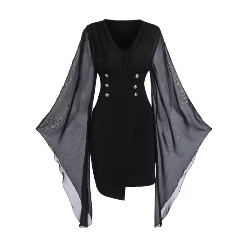 Flare Sleeve Solid Button Bodycon Dress - Black