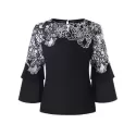 Floral Applique Bell Sleeve Blouse - Black