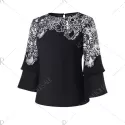 Floral Applique Bell Sleeve Blouse - Black