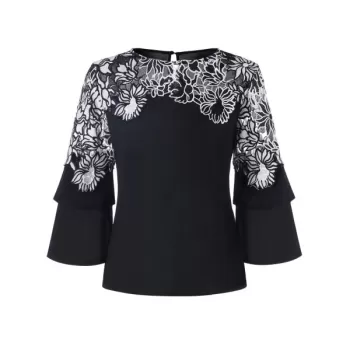 Floral Applique Bell Sleeve Blouse - Black