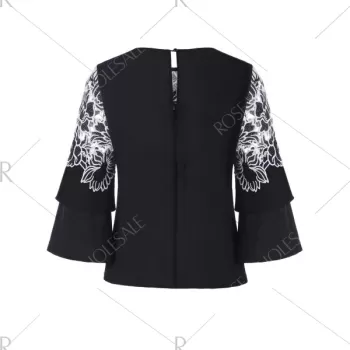 Floral Applique Bell Sleeve Blouse - Black
