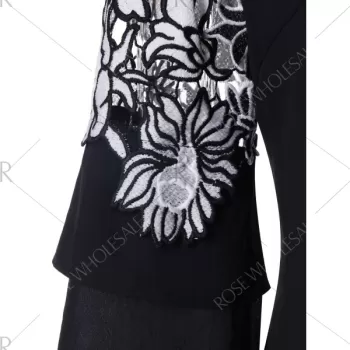 Floral Applique Bell Sleeve Blouse - Black