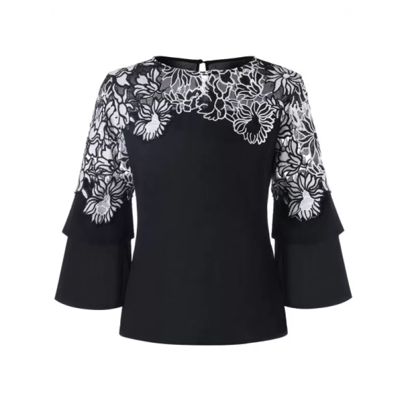 Floral Applique Bell Sleeve Blouse - Black