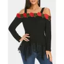 Floral Appliqued Lace Panel Cold houlder Tee - Black