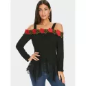 Floral Appliqued Lace Panel Cold houlder Tee - Black