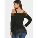 Floral Appliqued Lace Panel Cold houlder Tee - Black