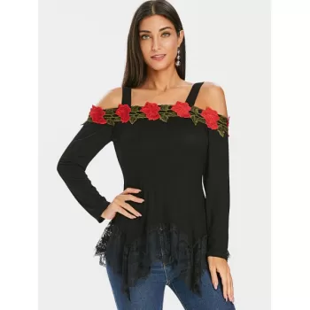 Floral Appliqued Lace Panel Cold houlder Tee - Black