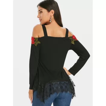 Floral Appliqued Lace Panel Cold houlder Tee - Black