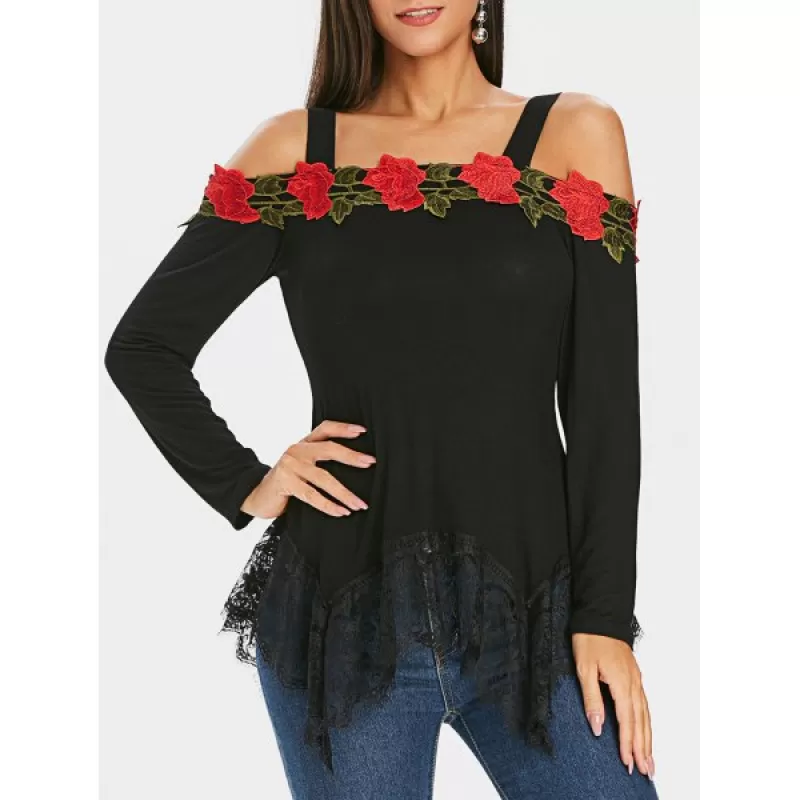 Floral Appliqued Lace Panel Cold houlder Tee - Black