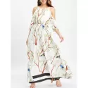 Floral Bird Print Cold Shoulder axi Dress - White