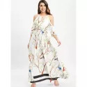 Floral Bird Print Cold Shoulder axi Dress - White