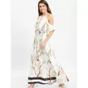 Floral Bird Print Cold Shoulder axi Dress - White