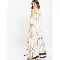 Floral Bird Print Cold Shoulder axi Dress - White