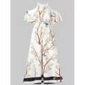 Floral Bird Print Cold Shoulder axi Dress - White