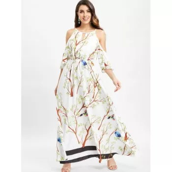 Floral Bird Print Cold Shoulder axi Dress - White