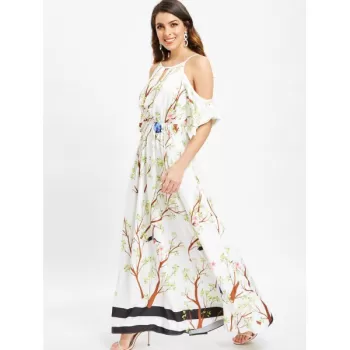 Floral Bird Print Cold Shoulder axi Dress - White