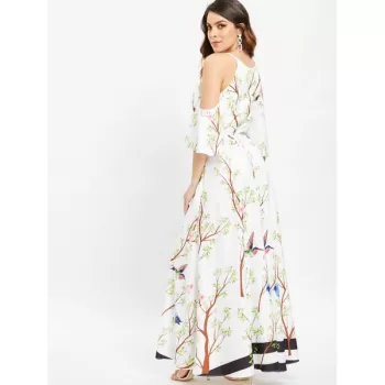 Floral Bird Print Cold Shoulder axi Dress - White