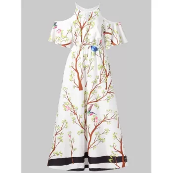 Floral Bird Print Cold Shoulder axi Dress - White