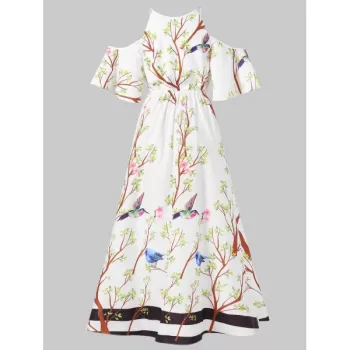 Floral Bird Print Cold Shoulder axi Dress - White