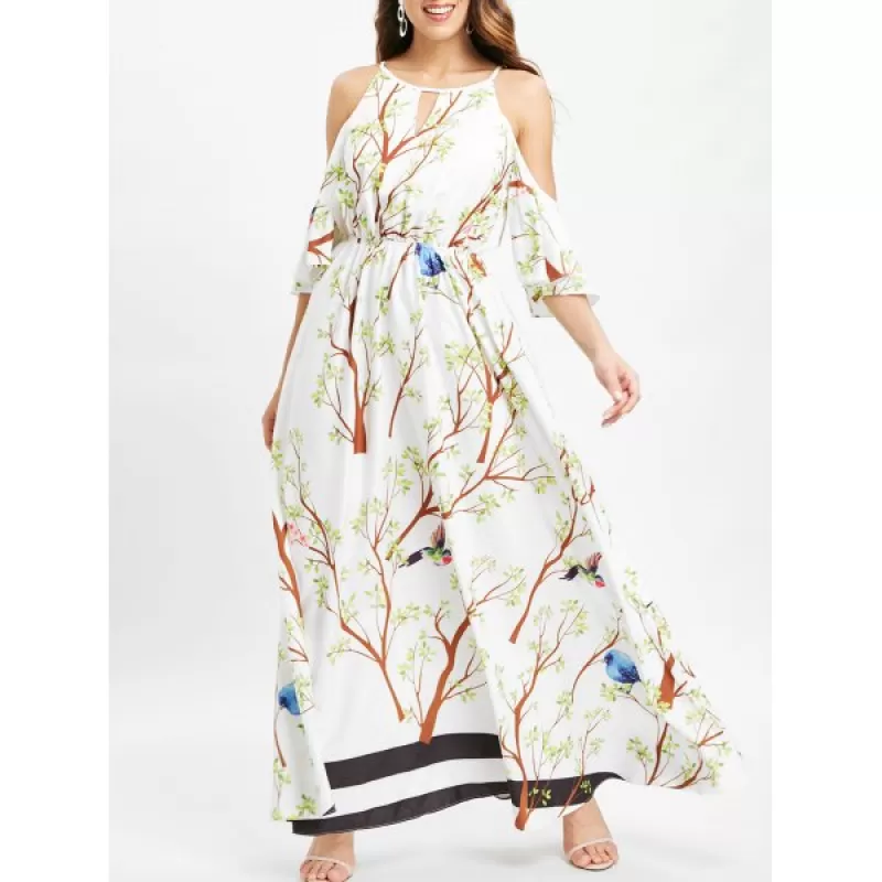 Floral Bird Print Cold Shoulder axi Dress - White