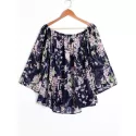 Floral Chiffon Off Shoulder Blouse - Purplish Blue