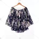 Floral Chiffon Off Shoulder Blouse - Purplish Blue