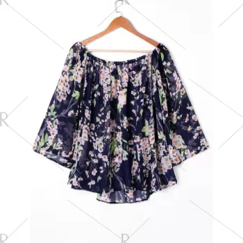 Floral Chiffon Off Shoulder Blouse - Purplish Blue