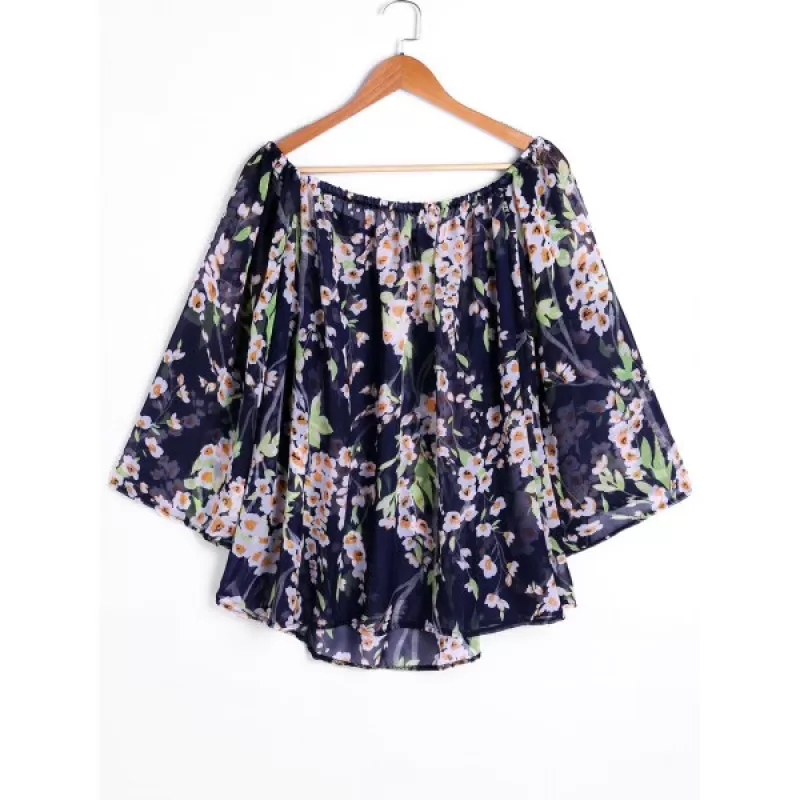 Floral Chiffon Off Shoulder Blouse - Purplish Blue