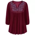 Floral Embroidered Maxican Peasant Blouse - Wine Red