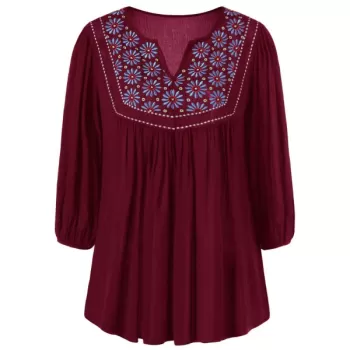 Floral Embroidered Maxican Peasant Blouse - Wine Red