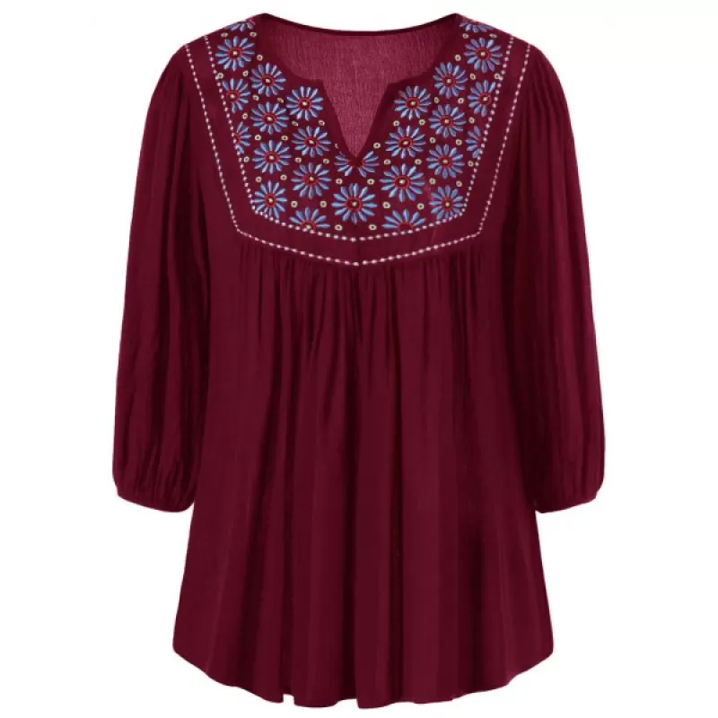 Floral Embroidered Maxican Peasant Blouse - Wine Red