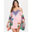 Floral Feather Pattern Mini Dress - Pink