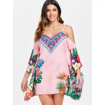 Floral Feather Pattern Mini Dress - Pink