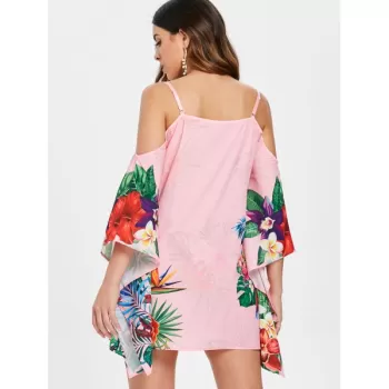 Floral Feather Pattern Mini Dress - Pink