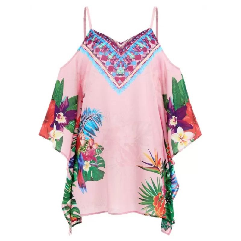 Floral Feather Pattern Mini Dress - Pink