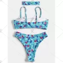 Floral High Leg Boho Bikini - Blue Zircon