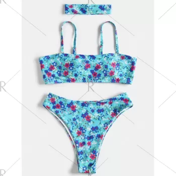 Floral High Leg Boho Bikini - Blue Zircon