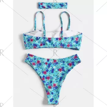 Floral High Leg Boho Bikini - Blue Zircon