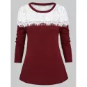 Floral Lace Eyelash Two Tone T-shirt - Red Wine