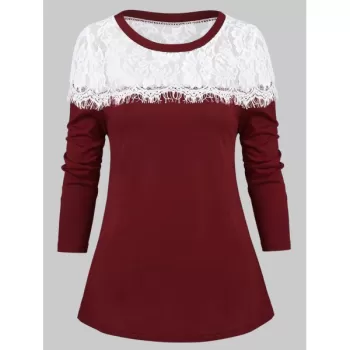 Floral Lace Eyelash Two Tone T-shirt - Red Wine