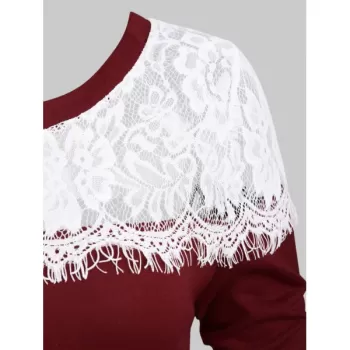Floral Lace Eyelash Two Tone T-shirt - Red Wine