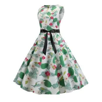 Floral Leaf Print A Line Vintage Dress -