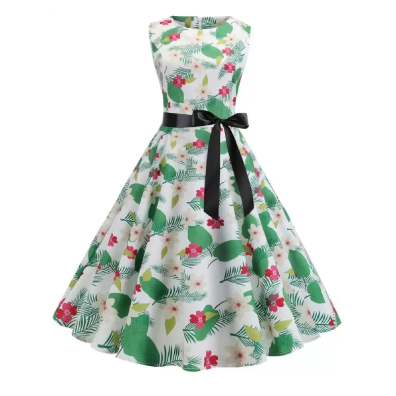 Floral Leaf Print A Line Vintage Dress -