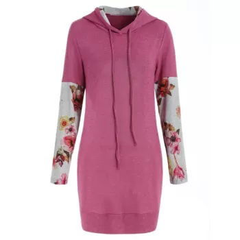 Floral Long Sleeve Drawstring Hoodie - Pink